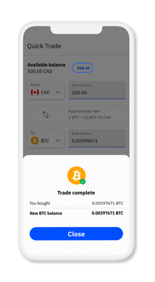 iPhone displaying cryptocurrency app with buy sell functionality
